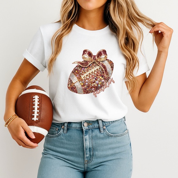 🏈 Sparkle & Spike: Gold Glitter Football Bow t-shirt. Touch down game ready - Picture 13 of 15